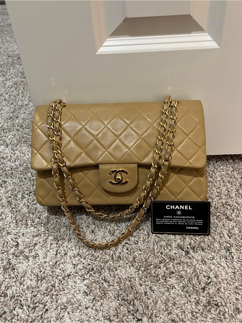 CHANEL Quilted Lambskin Double Flap Shoulder Bag - Beige Gold Hardware